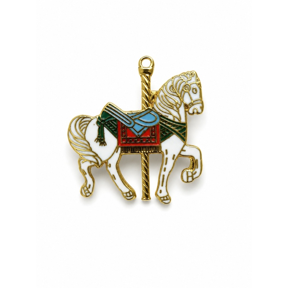 Vintage Cloisonné Carousel Horse Pin‎ White Enamel Gold Tone